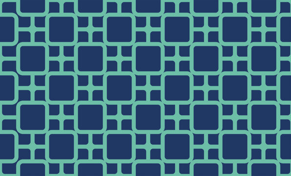 pattern with squares, dark blue grid background with green border as block repeat seamless pattern, replete image design for fabric print