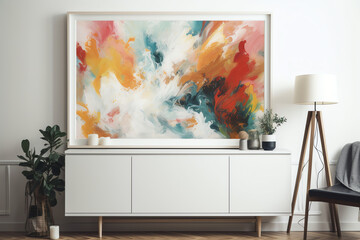 A colorful abstract painting with a white frame. digital art illustration. generative AI.
