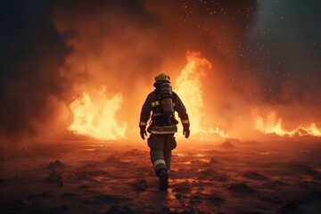 Naklejka premium Firefighters battle a wildfire that burned a forest, charred trees and smoke.. The impact of global warming in world on changing seasons and climate, and the urgent need for action. Generative ai