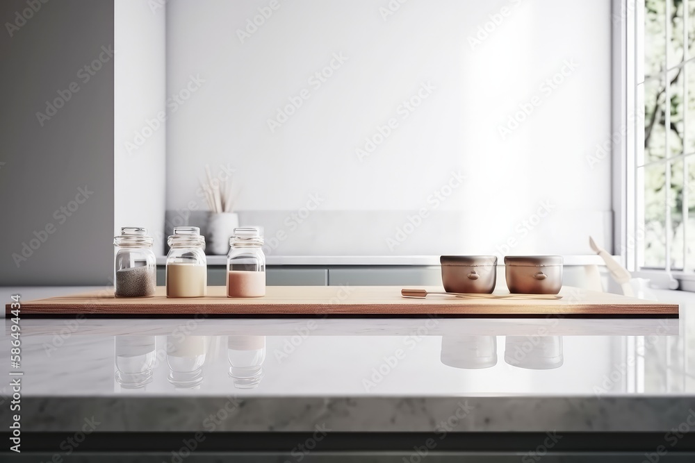 Poster an empty kitchen counter worktop for product display. generative ai