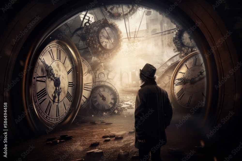 Poster a world where all of time happens at once. generative ai