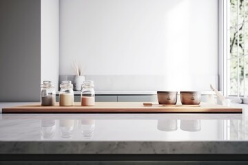 Fototapeta na wymiar An empty kitchen counter worktop for product display. Generative ai