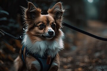 Cute Brown and White Dog on a Leash Outdoor. Generative AI
