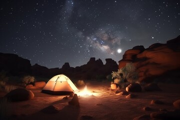 Fototapeta na wymiar Motion time lapse of night sky milky way camping in the desert. Generative ai
