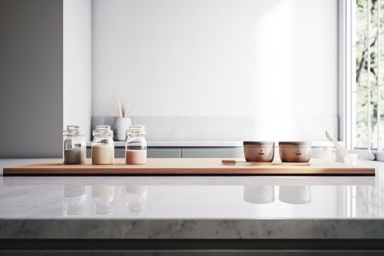 An empty kitchen counter worktop for product display. Generative ai