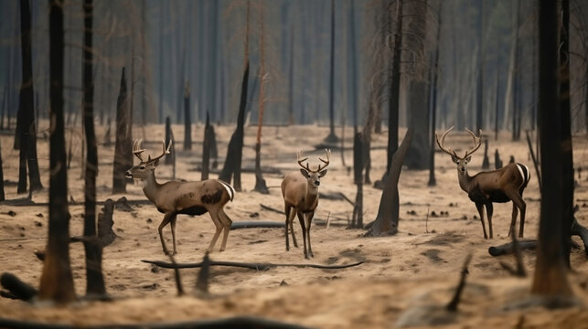 deer in past and future forest, climate change crisis, global warming impact on nature. Generative AI.