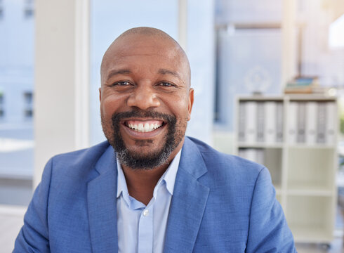 Happy black man, mature or portrait in corporate office, company about us or profile picture of CEO boss. Employee smile, management or person face in financial business or success mindset
