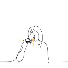 woman eating noodles with chopsticks - one line drawing vector. concept eat asian food