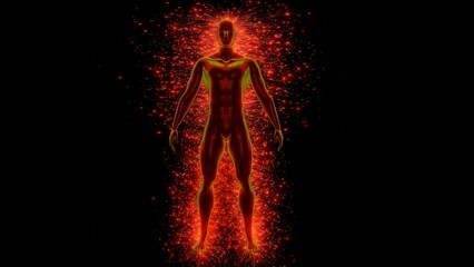 Glowing man with electric energy stream, embers background. Silhouette of male surrounded with sparkling red energy field.  3d render illustration. 