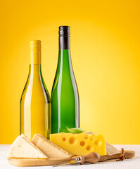 Various cheese on board and white wine