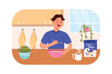 Breakfast kids concept with people scene in the flat cartoon design. Boy eats cereal and milk for breakfast in the morning and drinks tea. Vector illustration.