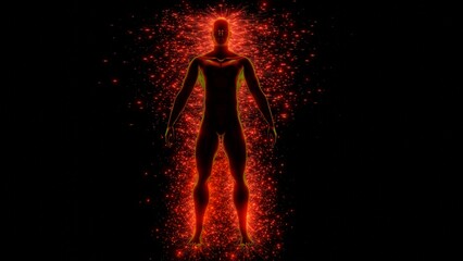 Glowing man with electric energy stream background. Silhouette of male surrounded with sparkling red energy field.  3d render illustration. 