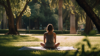 A person practicing meditation in a park. Surrounded by trees and grass, this image captures the essence of wellness and self-care.