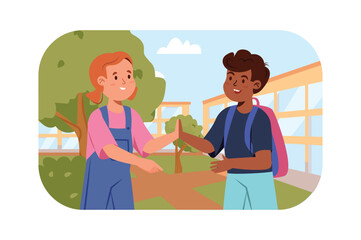 Friends on the school yard kids concept with people scene in the flat cartoon design. Two little friends playing in the school yard. Vector illustration.