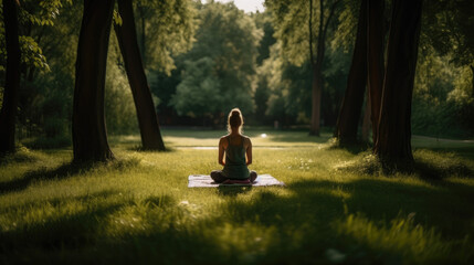 A person practicing meditation in nature. Surrounded by trees and grass, this image captures the essence of wellness and self-care.