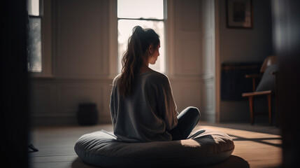 A person sits cross-legged on a cushion in a cozy peaceful room with soft lighting, practicing meditation or mindfulness. The focus is on their body posture and the calm atmosphere.
