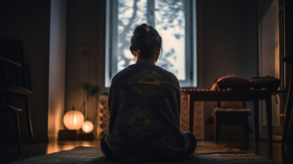 A person sits cross-legged in a cozy peaceful room with soft lighting, practicing meditation or mindfulness. The focus is on their body posture and the calm atmosphere.