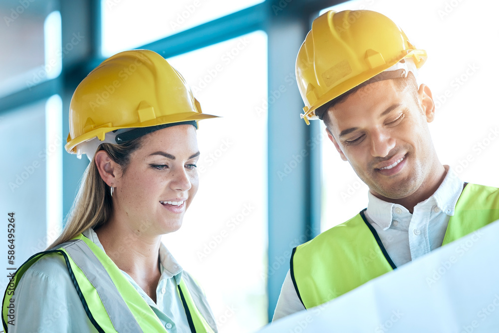 Poster Architect, team and planning with blueprint for construction or architecture with smile for on site project. Man and woman contractors in building floor plan or teamwork strategy with safety helmets