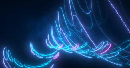 Abstract blue and purple glowing neon lines and circles energy laser flying on a black background