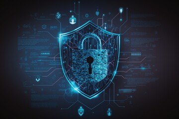Fototapeta premium Digital padlock icon, a cyber security network, and data protection technologies. To protect against cybercrime, online internet access must be approved, generative ai