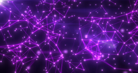 Abstract hi-tech purple glowing lines with dots and plexus triangles, abstract background