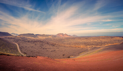 View on the desolate volcanic landscape of Timanfaya National Park on Lanzarote