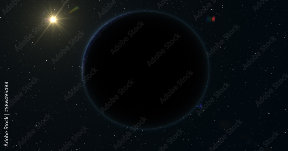Poster abstract realistic futuristic planet round sphere against the background of stars in space