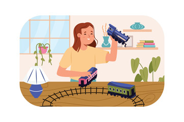 Kids playing with train kids concept with people scene in the flat cartoon design. Little girl is played with a toy railway track and train. Vector illustration.