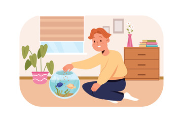 Kid feeding fish kids concept with people scene in the flat cartoon style. Boy takes care of pet fish and poured feed into the aquarium. Vector illustration.