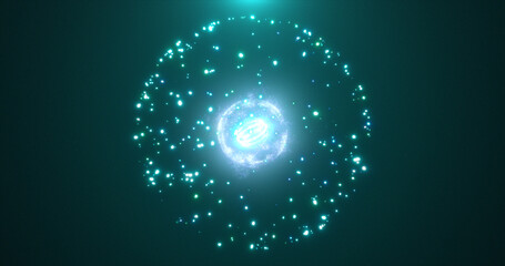 Abstract round green sphere glowing energy magic molecule with atoms from particles and dots cosmic. Abstract background