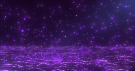 Abstract background of purple glowing falling particles and moving magical energy waves