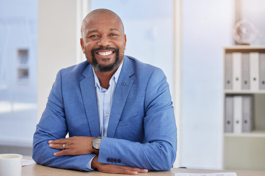 Happy black man, mature or portrait in finance office about us, company profile picture or CEO introduction. Smile, corporate or management person with business investment, savings or financial ideas