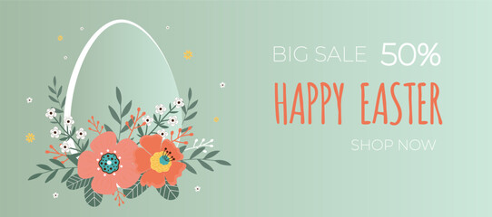 Fototapeta na wymiar Happy easter sale banner. Flowers with the easter egg on green background. Can be add text.