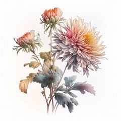Watercolor chrysanthemums illustration. Wedding invitation. Botanical art print. Ai generated