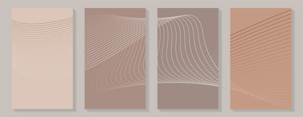 A set of covers of brown and beige with dinamic lines. Minimal wall line art. Social media story layout. Place for logos, messages, text placement.