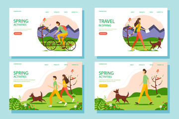 Landing page templates with people in spring. The concept of an active and healthy lifestyle. Illustration.