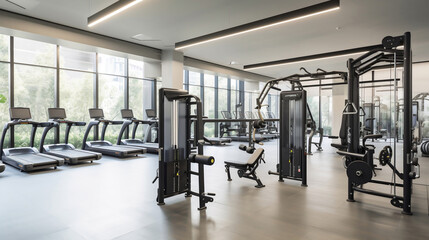 Fototapeta na wymiar Modern gym interior with various equipment. Generative AI.