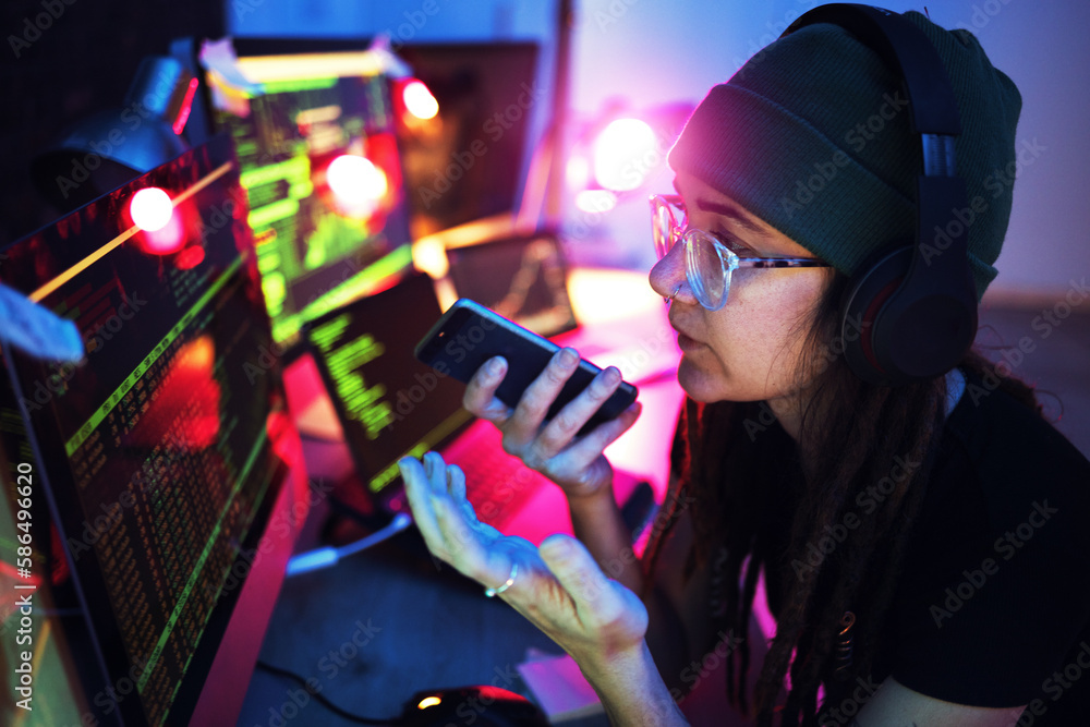 Poster Computer screen, phone call or girl hacker in basement in dark room at night for hacking, phishing or cybersecurity. Voice note, woman or code for hacking, digital transformation or networking online