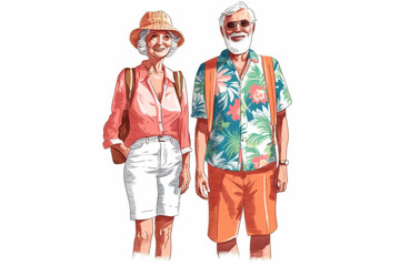 Stylish caucasian senior couple in travel clothes on white backgorund isolated, illustration art, created with Generative AI Technology