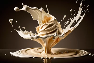 Poster Ice-cream - whipped cream - milk shake liquid splash, on dark background Generative ai  © Tijana
