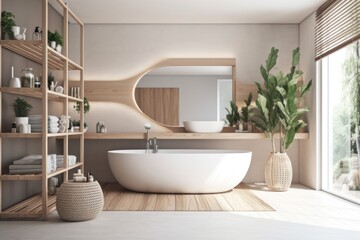 luxurious white bathtub placed beside a large window with a beautiful view. Generative AI