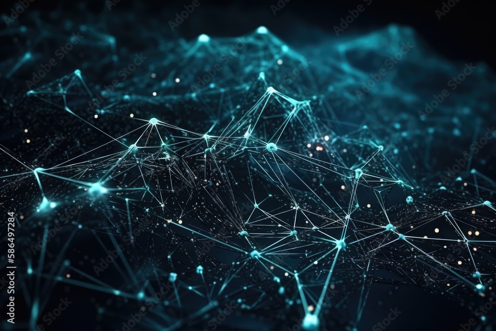 Poster abstract blue and black background with geometric shapes and dots. generative ai