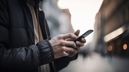 Close up of a man using mobile smart phone in the city.generative Ai