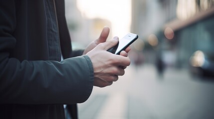 Close up of a man using mobile smart phone in the city.generative Ai