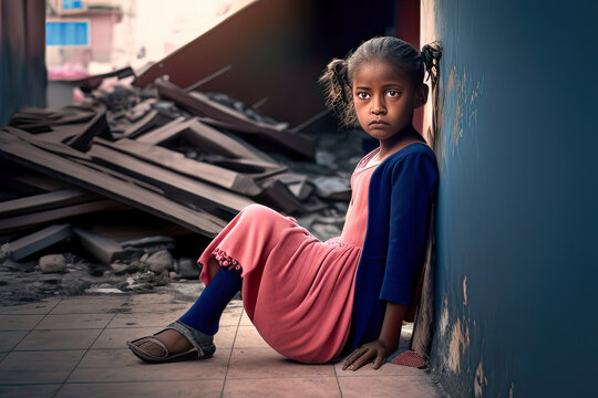 Depressed child sitting on the ground surrounded by debris after a terrible earthquake - Generative AI