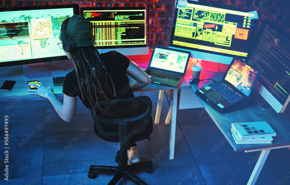 Poster Coding, hacker woman and computer for cybersecurity, programming and big data at night. Digital, dashboard and technology of a female working on futuristic, iot and software database for phishing