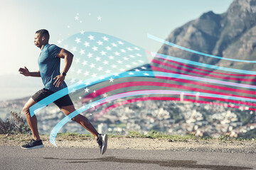 American flag, running and man with challenge for sports, cross country marathon and cardio workout. Fitness, performance and male athlete on road in USA with speed for exercise, training or wellness