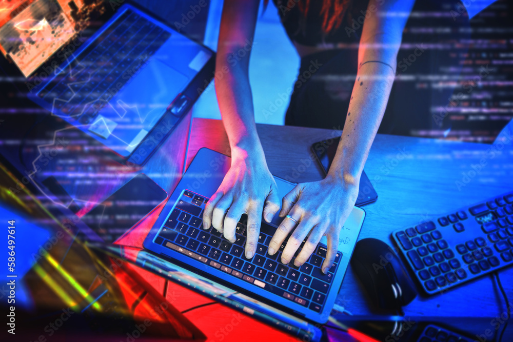 Poster Coding at night, hacker woman hands and computer for cybersecurity, programming and big data overlay. Server hack, dashboard and technology of female working on futuristic, iot and software database