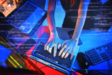 Coding at night, hacker woman hands and computer for cybersecurity, programming and big data overlay. Server hack, dashboard and technology of female working on futuristic, iot and software database