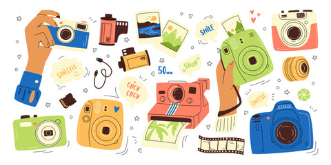 Cameras flat illustrations set. Devices for recording visual images. Different portable cameras, lenses, films